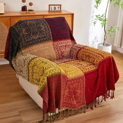 Bahar Red Chenille Blanket Tassel Sofa Cover